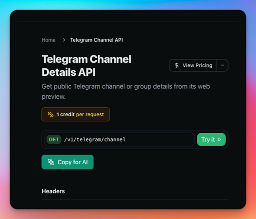 Just added some Telegram endpoints! 

https://docs.scrapecreators.com/v1/telegram/channel 
