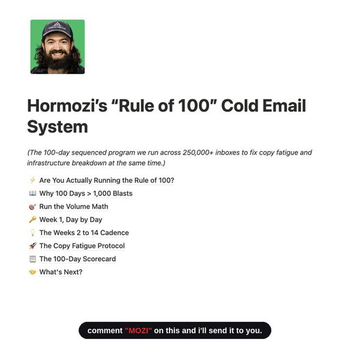 if i went dead broke TOMORROW, i’d be back at 100k/mo in 90 days.

i’d just use Alex Hormozi's “rule of 100”.

→ don't set a goal below 100 prospects. 
→ don't stop for 100 days minimum.

most will run outreach for 3 days and decide

“cold outbound doesn't work for me.”

mate,

you didn't run the experiment.

small wins build on each other across thousands of sends.

half a percent becomes 5% by the time you've actually tested the thing properly.

you don't reach those numbers by stopping early.

this works, if you work.

PS

i packaged Hormozi's FULL Rule Of 100 Cold Email system together into a 100-day sequenced program. 

This is the same cadence we run across 250,000+ inboxes to fix copy fatigue and infrastructure breakdown at the same time.