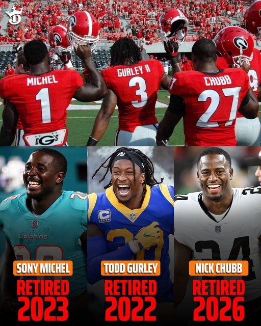 The members of Georgia's iconic running back room in 2014 are all now officially retired 🥺

🏈 Sony Michel is 31
🏈 Todd Gurley is 32
🏈 Nick Chubb is 30 