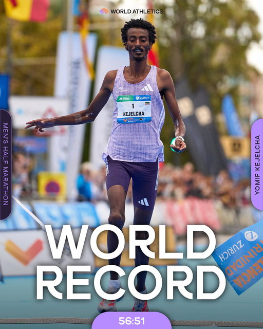 BACK WITH KEJELCHA 🫨

Former world record-holder Yomif Kejelcha reclaims the half marathon world record* from Jacob Kiplimo, clocking 56:51* in Buenos Aires 💪

That’s 29 seconds off the previous mark 💥

World record flash 🔗 https://t.co/TDldUcY7vx

*Pending ratification procedures