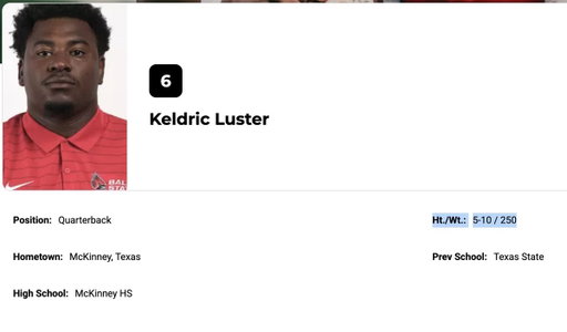 Ball State named Keldric Luster its starting QB today, and he'll be your favorite QB you've never heard of before. My man is listed at 5'10 and 250 pounds.

#BowlingBallState 