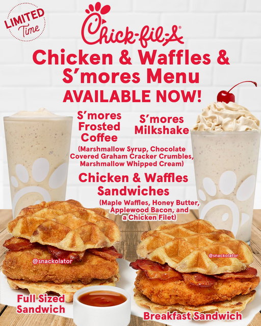 TODAY IS THE DAY! The Chick-fil-A Chicken & Waffles AND S'mores Milkshake are available NATIONWIDE!

You can now get the new Chicken & Waffles sandwiches ALL DAY LONG that feature maple waffles for the bun, a honey butter spread, applewood smoked bacon, and your choice of a regular or spicy filet. You also get a side of syrup to really layer on the goodness!

And then the S'mores Frosted Coffee and Milkshakes are here! These feature a marshmallow syrup blended with their ice dream and then mixed with chocolate covered graham cracker crumbs, and the milkshake has a marshmallow whipped cream on top!

I've posted my review already - these might be the best seasonal menu they've ever done.

What are you grabbing from @chickfila today?

#chickfila #fastfood #chickenandwaffles #smores #milkshake