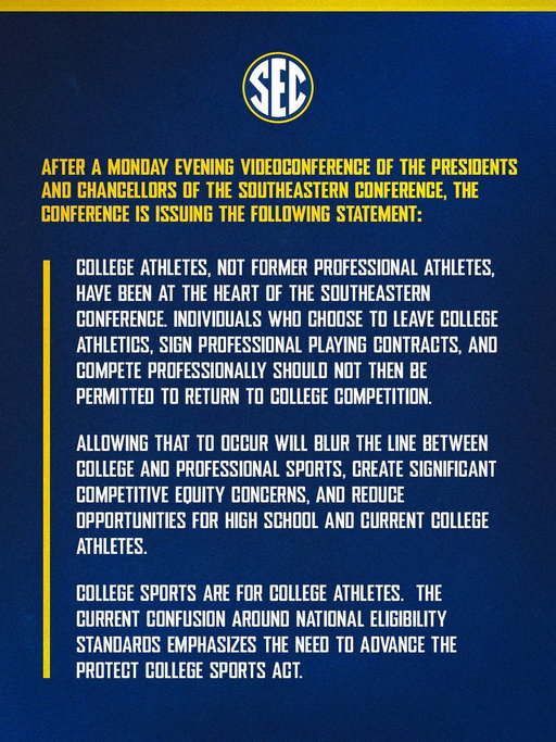 After a Monday evening videoconference of the Presidents and Chancellors of the Southeastern Conference, the Conference is issuing the following statement: 