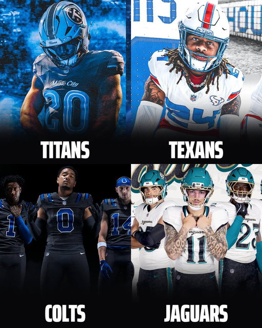 How would you rank the new Rivalries uniforms for the AFC South? 👀

🔵 Titans
🔴 Texans
🔵 Colts
⚫️ Jaguars

(via @NFL) 