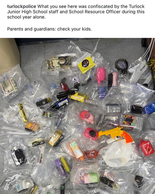 Police shared a photo of everything seized from a local middle school in one year.

[📸: @Turlock Police Department ] 