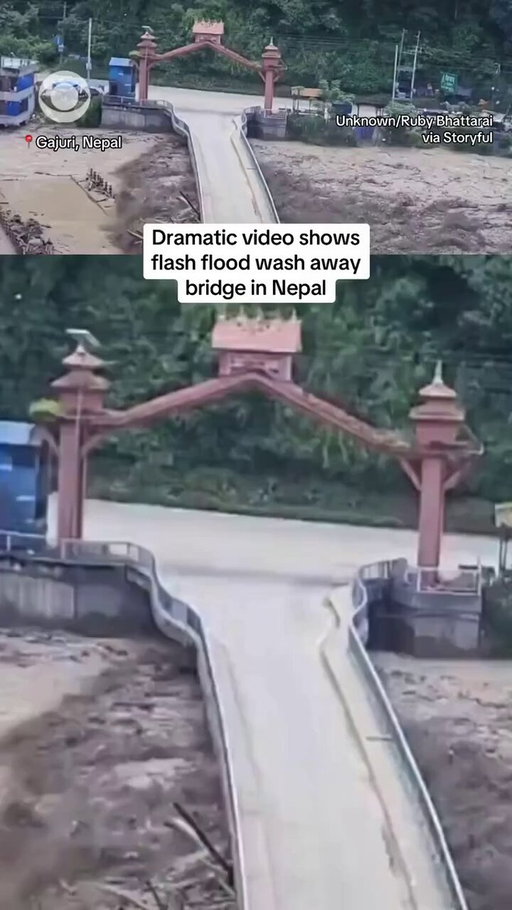 A massive flash flood swept away a bridge in Gajuri, Nepal, as deadly flooding devastated parts of the country. At least 160 people have been killed in Nepal and more than 400 are missing, authorities say. 