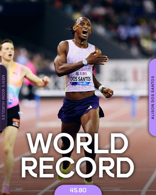 THE NEW KING OF THE 400M HURDLES 👑

🇧🇷's Alison Dos Santos smashes the 400m hurdles world record, clocking 45.80 to become the first man in history under the .90 barrier 🫨

The 2022 world champ burst out the block, sprinting to the finish, breaking Karsten Warholm’s previous record set in 2021 by 0.14 seconds 🔥

#DiamondLeague
