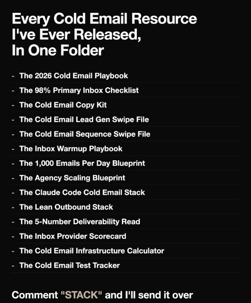 i'm giving away EVERY cold email resource my team has ever put out.

these are the EXACT systems behind the infrastructure we run for 2,000+ customers, with 360,000+ inboxes monitored across every provider and region.

every playbook, swipe file, checklist, and calculator in one folder.

inside:

→ the 2026 cold email playbook (the full resource hub)
→ the 98% primary inbox checklist (the setup that lands in primary)
→ the cold email copy kit (the PPQ framework + 5-email sequence)
→ the cold email lead gen swipe file (7 intent-based methods)
→ the cold email sequence swipe file (the follow-ups that book calls)
→ the inbox warmup playbook (the 14-day ramp done right)
→ the 1,000 emails per day blueprint (scale without burning domains)
→ the agency scaling blueprint (the systems behind a $170k/mo agency)
→ the claude code cold email stack (the exact prompts i paste)
→ the lean outbound stack (the only 4 tools you need)
→ the 5-number deliverability read (what your numbers actually mean)
→ the inbox provider scorecard (ranked by who actually delivers)
→ the cold email infrastructure calculator (size your setup)
→ the cold email test tracker (find your winning combos)

it's all in one folder.

go through it and you'll have the exact infrastructure, copy and lead systems we use to keep 3,000+ cold email operations landing in the primary inbox.

p.s. repost this and i'll prioritize your DM.