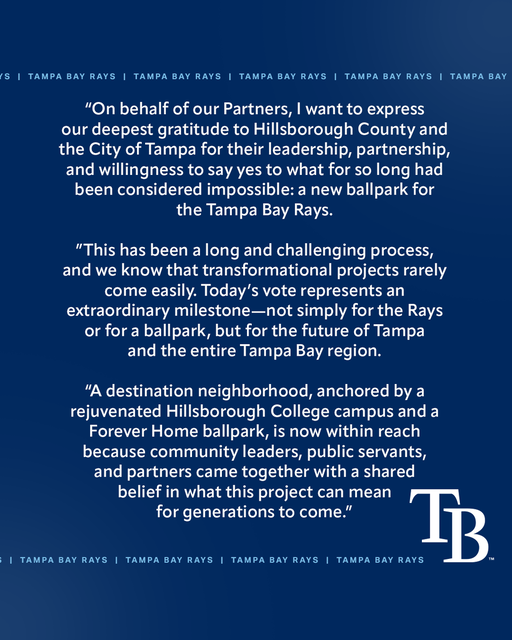 A statement from Patrick Zalupski, Tampa Bay Rays Managing Partner and Co-Chair, following today’s Hillsborough County Commission approval of the @RaysForeverHome. 