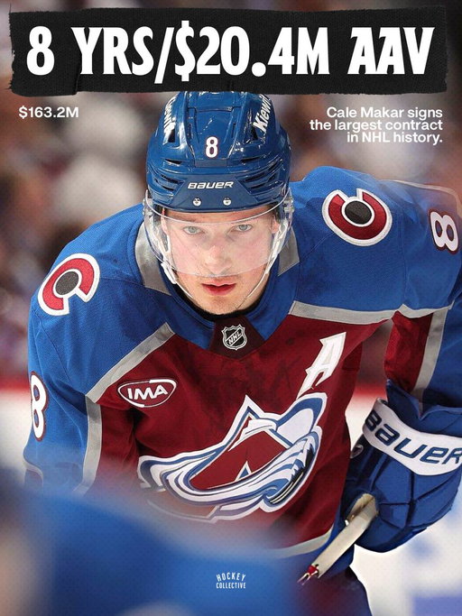 HISTORY MADE ✅

Cale Makar has signed an eight-year, $163.2M contract ($20.4M AAV), the largest in NHL history. 