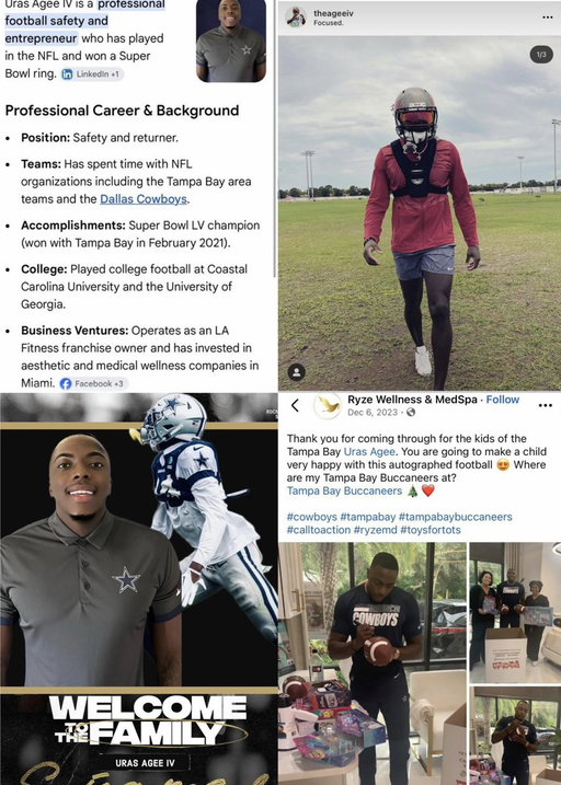 🚨TRENDING: Another fake NFL player has hit the timeline: 

First Daejon Love…now Uras Agee IV. 

• Working out at a random field in a Bucs helmet 
• Faking being signed to Jay Z’s Roc Nation 
• Faking a Super Bowl ring
• Faking a Cowboys signing

@49ersSportsTalk 