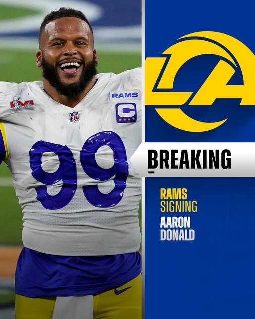 BREAKING: Aaron Donald coming out of retirement to play for Rams on a 1-year, $20M deal with playoff incentives up to $30M. (via @adamschefter, @rapsheet) 