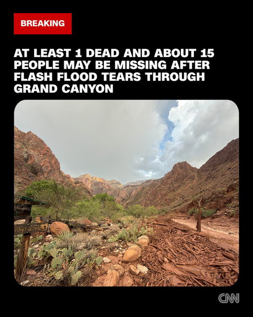 One person has died and about 15 people may be missing at the Grand Canyon after a flash flood tore through the national park, destroying footbridges and forcing the evacuation of dozens of hikers and campers, according to park officials. https://t.co/8HUFzXsj5Q 