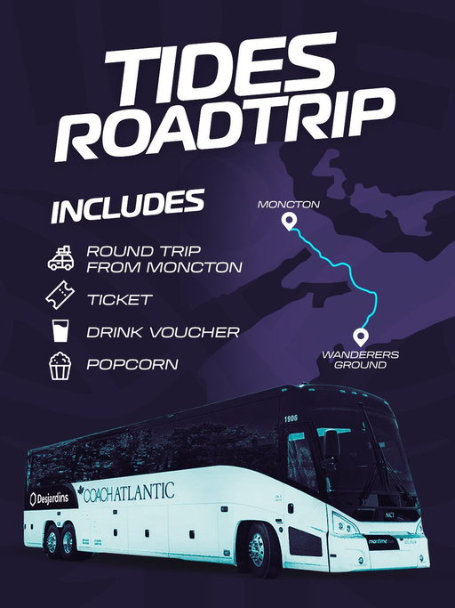 MONCTON, THIS ONES FOR YOU!!!

For the first time ever, we’re taking a fan bus from Moncton to the Wanderers Grounds for our match on October 3rd at 3 PM!

Your seat includes:
🚌 Round-trip transportation
🎟️ Match ticket
🥤 Drink voucher
🍿 Popcorn

Grab your seat and join us for the trip! Tickets are limited, so get yours before we sell out! 💙

Tickets here: https://tides-fc.visitlink.me/RkvMZ9