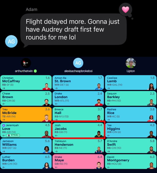 My friend's fiancée just drafted Josh Jacobs 😭 
