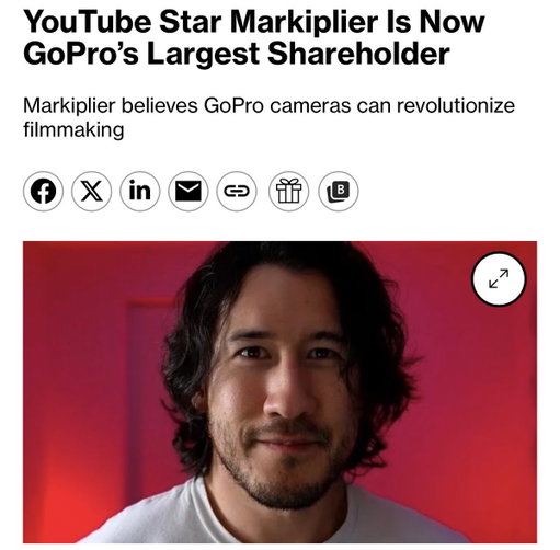 Markiplier investment in GoPro news breaks. 

The stock then proceeds to go nuclear and is up 57%

Wow wow wow 