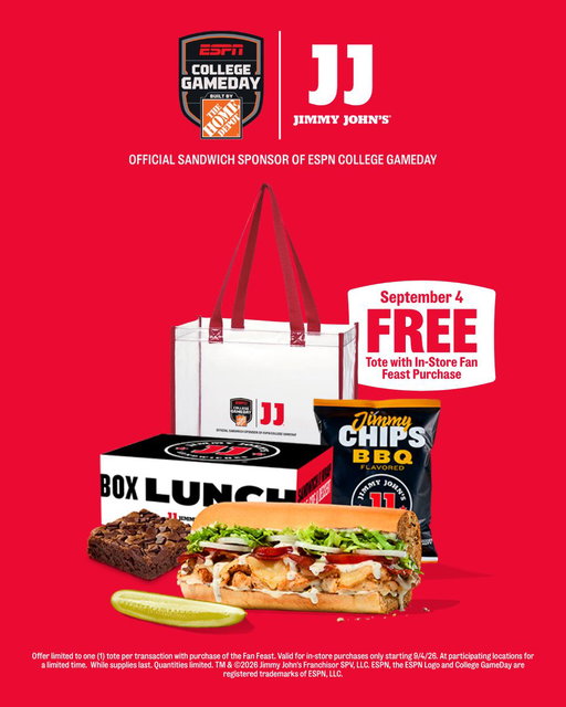 fuel up for football season with the Fan Feast meal 🏈 keeping the fans fed with the Official Sandwich Sponsor of ESPN College GameDay
 
At participating locations. For a limited time. While supplies last. TM & ©2026 Jimmy John's Franchisor SPV, LLC. ESPN, the ESPN Logo and College GameDay are registered trademarks of ESPN, LLC