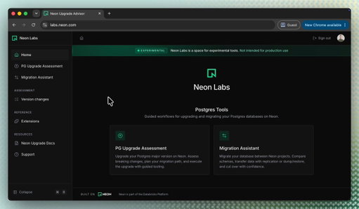We're launching Neon Labs, a space for Postgres tools that are still experimental but ready to test

The first two tools are for major-version upgrades: https://labs.neon.com/ 