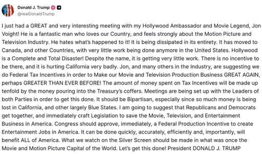 The Teamsters thank President Donald Trump and this administration for prioritizing passage of a federal film tax credit. The Teamsters proudly represent tens of thousands of American workers who built our film and television industry — and who depend on production work returning to this country and thriving once again nationwide. Our union is ready to work with all elected officials committed to supporting a Federal Production Incentive. Let’s get to work and get it done!