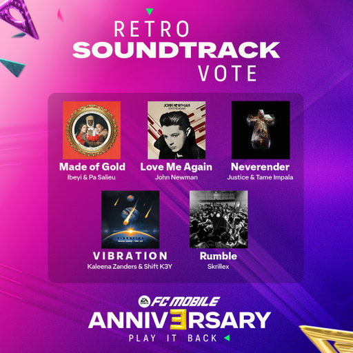Which classic deserves a comeback? 💿

Vote for the Retro Soundtrack you want to hear in #FCMobile Anniversary.

🔗 https://www.ea.com/games/ea-sports-fc/fc-mobile/anniversary 