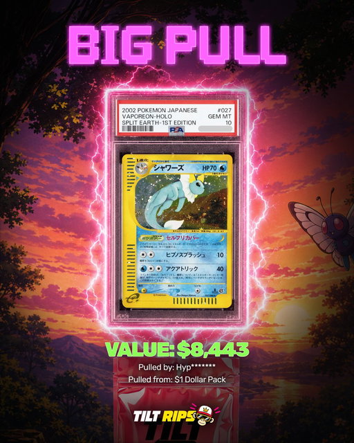 Did we just break the record for the biggest multiplier in Gacha history? 

Someone pulled the PSA 10 Japanese Split Earth Vaporeon valued at $8,443 from a $1.00 Pokémon Dollar Pack! 

That's a whopping 8,443x 🤯 