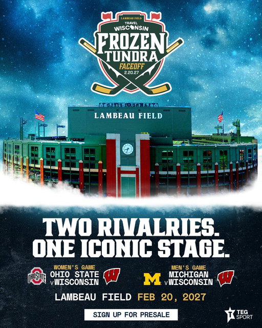 The Frozen Tundra is about to live up to its name. 🥶🏒

The Badgers are headed to Lambeau Field for the @TravelWI Frozen Tundra Faceoff as @BadgerWHockey faces Ohio State &amp; @BadgerMHockey faces Michigan on February 20th.

🔗 | sign up for presale: https://frozentundrafaceoff.com/presale 