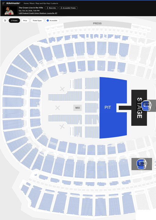 Update on the potential record-setting blue dot situation in Louisville on 10/24 (Ludacris, T.I., Rick Ross and BigXThaPlug) 

In the past 30 days:
~160 seats have sold
~47,000 seats remain available
$110.45 remains the cheapest ticket price (unchanged)

My current odds:
75% - Canceled
15% - Moved to a smaller venue
9% - Dramatic reconfigure (ie floor only, $30 tickets)
1% - Happens as planned without price changes or any reconfiguration.