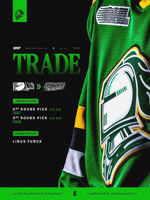 We’ve acquired a 2027 2nd-round pick (via Guelph) and a 2028 3rd-round pick (via Sudbury) from the Oshawa Generals in exchange for Linus Funck. 