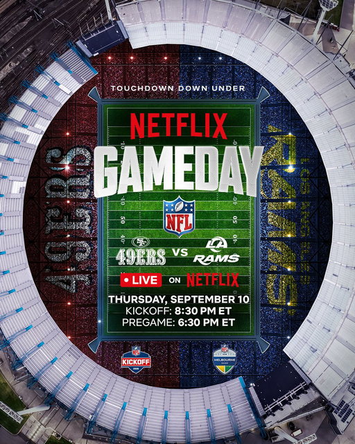 The NFL is going down under with the 49ers vs. Rams 🏈🇦🇺   

NFL Netflix Gameday is LIVE on Netflix September 10 — coverage starts at 6:30 PM ET. 