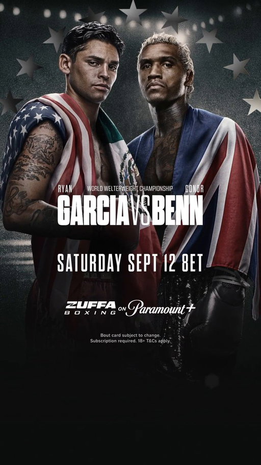 The countdown to fight night is on! 

Ryan Garcia’s first WBC welterweight title defense against Conor Benn streams live September 12 on Paramount+ 🥊

#GarciaBenn #ZuffaBoxing 