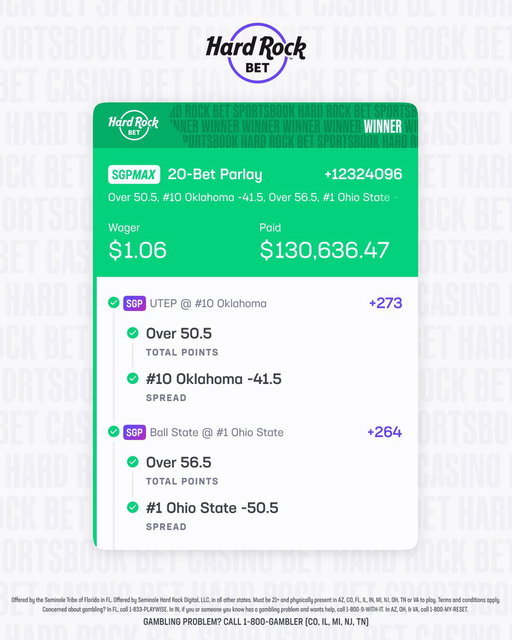 This might be CRAZIER than the Michigan Hail Mary 🤯

Congrats to this Florida bettor who turned a DOLLAR into 130K on a 20-leg college football parlay yesterday! 