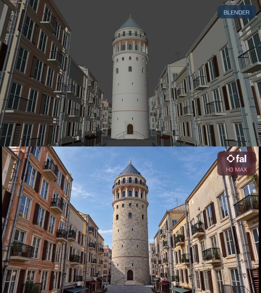 I might’ve found a way to make yesterday’s Blender to Real video ~5,000x faster (and better imo) lol.

I put the scene together with GPT-6 Astra and PATINA in about 30 minutes. But it had around 7 million polygons, so rendering took a while.

I split it into chunks across 8 GPUs and rendered it in about 30min. My estimate for an M4 Pro was around 40 hours. Obviously, I could’ve optimized the settings, but that’s for the version I posted yesterday.

Since then, I’ve been trying different prompts to get H3 Max to follow the Blender animation while making the buildings and materials actually look real. I think I finally got it.

The 30s video took about 30s to generate with H3 Max. Compared to that estimated 41h render, that’s roughly 5000x faster :)

The part I’m most excited about is how much control this gives me. GPT-6 Astra can build a detailed 3D prototype in minutes, and I can use Blender to set up the camera and movement however I want, then have H3 Max follow it.