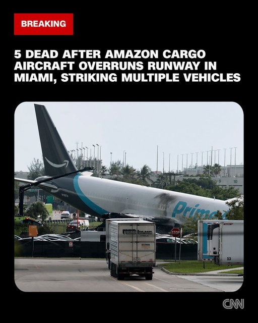 At least five people are dead after an Amazon cargo aircraft overran the runway during a landing at Miami International Airport, striking multiple vehicles on a road surrounding the airport, officials said. https://t.co/9Huntmryql 