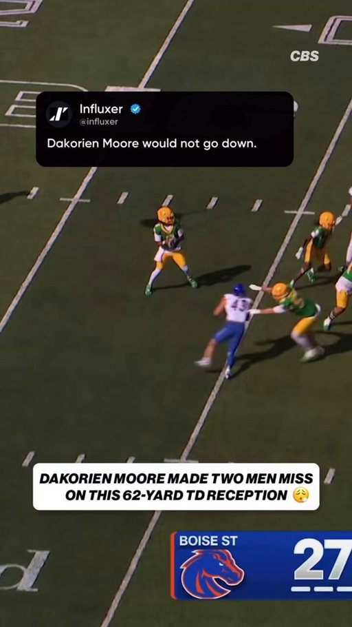 Two defenders. No answer. 🦆🔥

Dakorien Moore makes two defenders miss and takes it into the end zone against Boise State.
Which move was colder?

🎥 Credit: @cfbonfox

Broadcast: @cbssports

#GoDucks #DakorienMoore #CollegeFootball #Influxer 