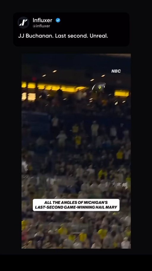 One restored second. An unbelievable finish. 🤯

JJ Buchanan comes down with the game-winning Hail Mary. 

Michigan wins 13–12. How many times have you replayed this catch?

🎥 Credit: @cfbonfox

#MichiganFootball #HailMary #CollegeFootball #Influxer 