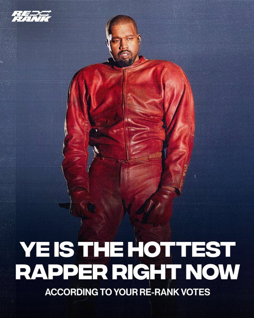Ye’s legendary shows in his hometown of Chicago SURGED him to the No. 1 spot of this #ReRank, as you (our readers) overwhelming voted Ye as the Hottest Rapper Right Now 🐐

Read and Re-Rank the full list: https://t.co/L2XVMjR6s1