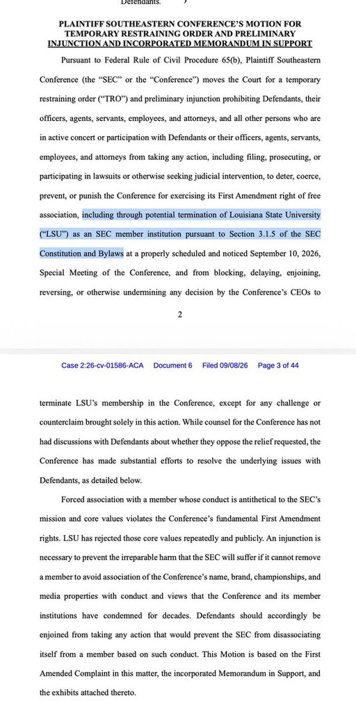 As well as the amended complaint, the SEC also requested a temporary restraining order against LSU to pave the way for it to expel the university from the conference in a vote scheduled for Thursday.

Here's a portion of the TRO: 