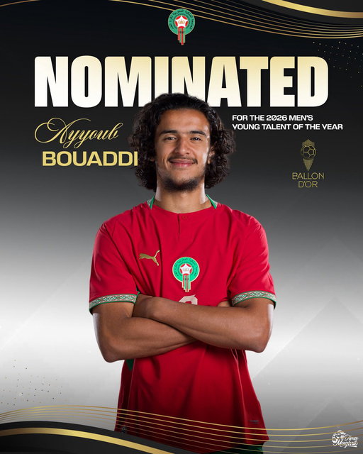 أيــــوب بــــوعــــدي ضمن قائمة المرشحين لجائزة أفضل موهبة 🤩

Ayyoub Bouaddi has been nominated for the 2026 Men’s Young Talent of the Year award 🌟

#DimaMaghrib 🇲🇦 