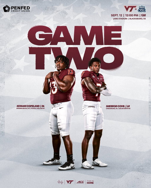 𝐆𝐀𝐌𝐄 𝐓𝐖𝐎.

WEAR WHITE⚪️

📍: Lane Stadium, Blacksburg, VA

📺: 12 PM EST ON @TheCW_Sports 

#LetsGoHokies | @PenFed 