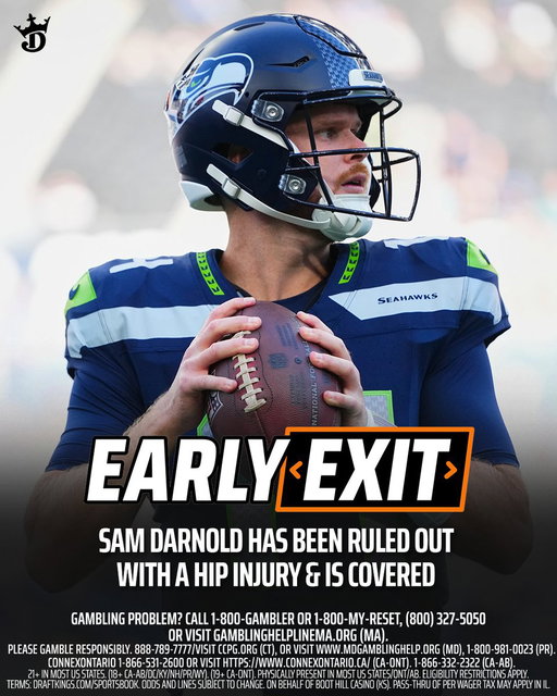 Seattle Seahawks QB Sam Darnold has been confirmed OUT with a hip injury and will not return.

We've got you. Early Exit has you covered 🤝

@DK_Assist for MORE ⬇️ 