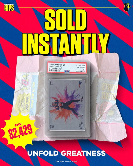 Someone pulled a Panini One Color Blast Drake Maye yesterday morning and sold it INSTANTLY for $2,429

8 hours later, Drake Maye sold too 🫥