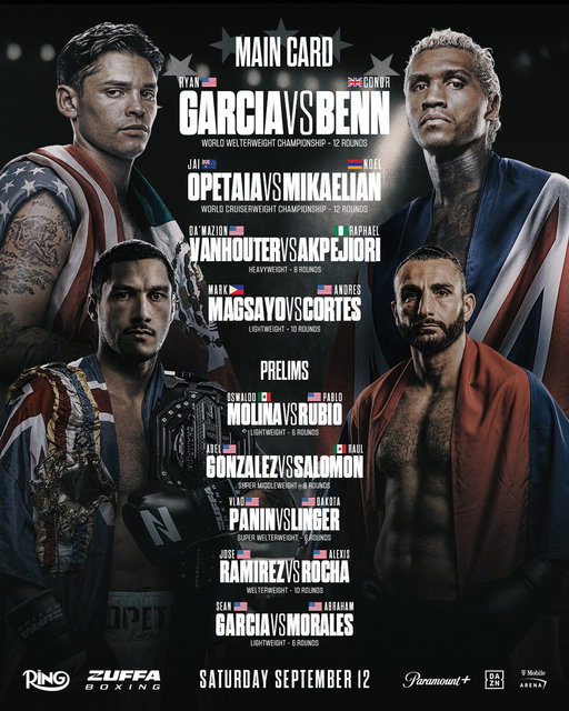 Stacked top to bottom 🥊🔥 Here is your official Zuffa Boxing Main Card for this Saturday, September 12th! #GarciaBenn

https://www.paramountplus.com/shows/zuffa-boxing/ 