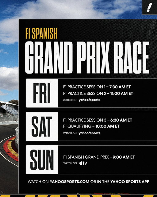 Spanish Grand Prix Weekend begins NOW 🇪🇸 

Catch practice on the brand-new Madring LIVE on Yahoo Sports and the Yahoo Sports app! 