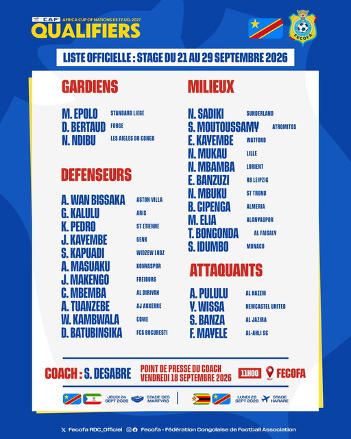 🇨🇩 𝘓𝘈 𝘓𝘐𝘚𝘛𝘌

Le sélectionneur national Sébastien Desabre a dévoilé la liste des Léopards convoqués.

Au programme : les 1re et 2e journées des éliminatoires ainsi que deux matchs amicaux.

🐆 Tous derrière les Léopards !

#AllezYLesLéopards #BendeleEkweyaTe #PAMOJA2027 