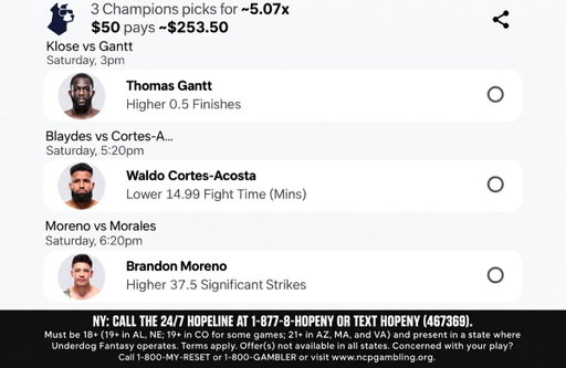 Noche UFC picks. May post fighters im taking in couple hours and then I'll be posting Sundays 1pm picks this evening. NOTIS

Use code ZIRK and get up to $1000 in bonus funds and the Keep Your Million Bonus!
https://play.underdogsports.com/vgwg/p-zirk
#UDpartner 
