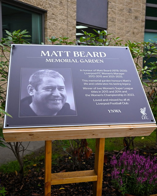 Liverpool Football Club has honoured Matt Beard, unveiling permanent memorials which recognise his extraordinary contribution to the club and the lasting impact he made on players, staff and supporters ❤️

Ahead of the first anniversary of his passing, a private ceremony was held at AXA Melwood for players, staff and Matt’s family, where a memorial garden in his name was officially unveiled.

This was followed by the planting of a commemorative tree in his honour on 97 Avenue - creating a permanent place where fans can visit and remember Matt’s enduring connection to LFC Women.
