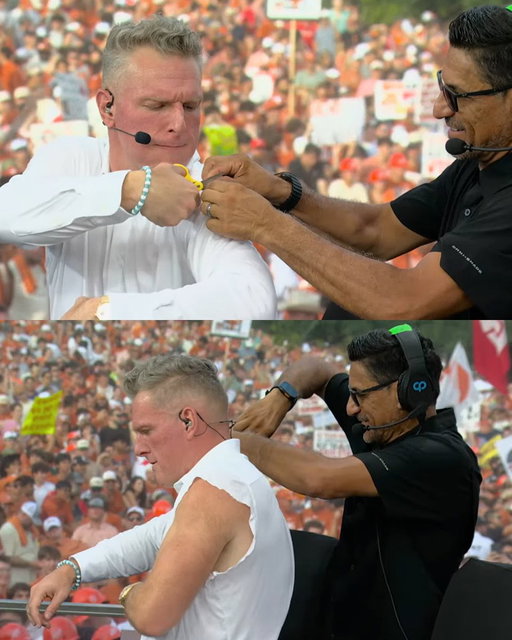 Pat McAfee had to cut the sleeves off in Austin 🤣 