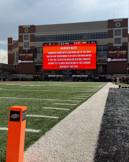 We are currently in a weather delay. Stay tuned for updates on kickoff. 