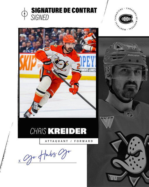 Les Canadiens s'entendent sur les termes d'un contrat d'une saison (2026-2027) avec l'attaquant Chris Kreider.

The Canadiens have agreed to terms on a one-year contract (2026-27) with forward Chris Kreider.

#GoHabsGo 