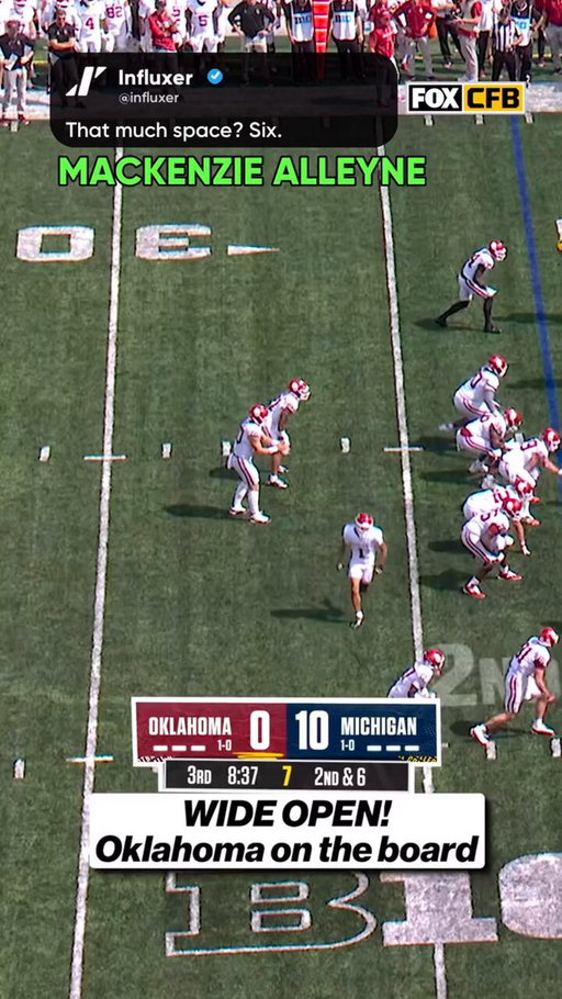 That much space? Six. :face_exhaling:

Mackenzie Alleyne finds the end zone against Michigan. How does he get that open?

Footage: @cfbonfox

#CollegeFootball #CFB #Influxer 